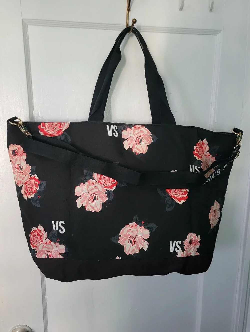 Victoria's Secret Black Tote with Pink Floral Print Shoulder Bag